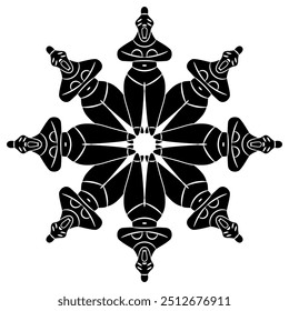 Round star shape mandala with ancient Neolithic female figurines from Ulucak Höyük, Turkey. Great Mother archetype. Feminist concept. Black and white silhouette.