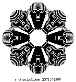 Round star shape mandala with Celtic heads. Mask of a deity from Gundestrup cauldron. European Iron Age symbol. Black and white silhouette.