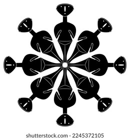 Round star shape mandala with female figurines from Anatolia. Bronze Age stargazer. Cycladic idol. Goddess sculpture from ancient Turkey. Black and white silhouette. Creative feminist concept.