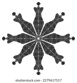 Round star shape mandala with female figurines from Cucuteni. Neolithic tattooed goddess. Black and white negative silhouette. Trypillia culture.