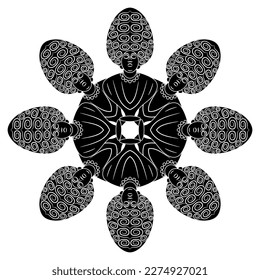 Round star shape mandala with four of Roman matrons. Antique women wearing wigs. Black and white silhouette.