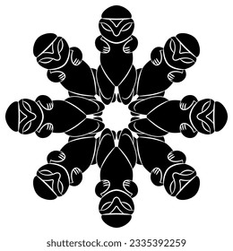 Round star shape mandala with human figurines from ancient China. Hongshan culture. Black and white silhouette.