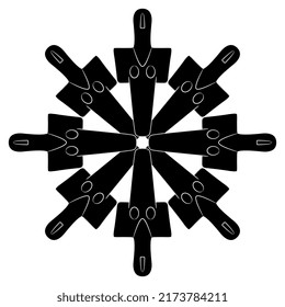 Round star shape or mandala with Neolithic female figurines. Mother goddess from Turriga. Madre di Turriga. Black and white silhouette.