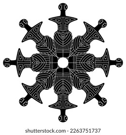 Round star shape mandala with Neolithic female figurines of goddess from Cucuteni, Romania. Trypillia or Tripolye culture. Black and white silhouette.