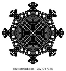 Round star shape mandala with Neolithic fertility goddesses. Ancient female figurine from Vinča culture, Serbia. Black and white silhouette.