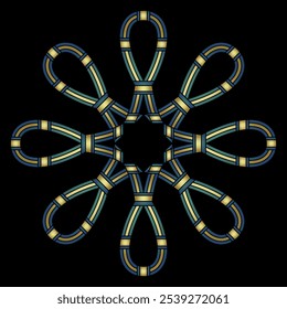 Round star shape mandala with Sa signs. Ancient Egyptian protective symbols. Ethnic good luck charm. Blue and gold design on black background.