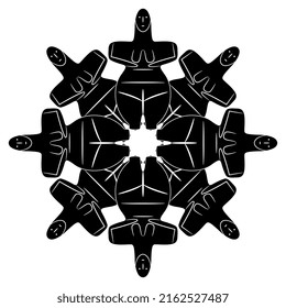 Round star shape or mandala with stylized female figurines. Ancient Great Mother goddess from Aegina island. Black and white silhouette.