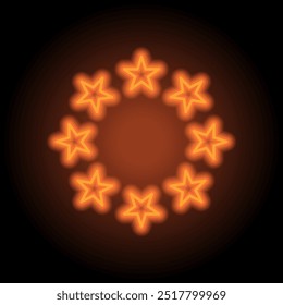 Round star simple icon. Flat design. Orange neon on black background.ai