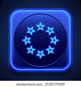 Round star simple icon. Flat design. Blue neon style on button. With shadow.ai