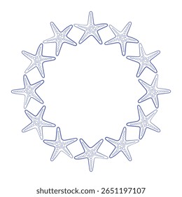 Round starfish frame in elegant line style. Marine hand-drawn wreath ideal for beach invitations, summer designs, or nautical branding.