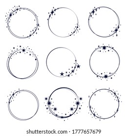 Round starry frames set. Stardust circles, circular borders with stars, planet shaped ornament elements in cosmic style. Can be used for birthday or anniversary concept, party invitation cards design