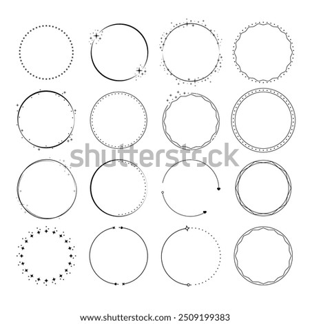 Round starry frames Wreath circle frame set on white background. Stars bunch circle line decorative frame. Isolated vector gold round festive elements