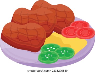Concepto de bistec redondo, piezas de carne de Ribeye con diseño vectorial de vegetales, símbolo de comida rápida, signo de comida chatarra, aperitivos populares de buen gusto baratos 