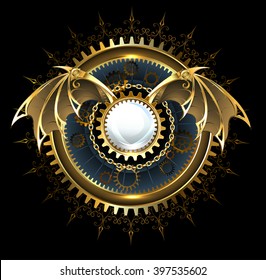 Round steampunk banner with gears and mechanical brass wings of dragon on black background.