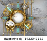 Round, steampunk, brass, banner with LED lights and antique manometer on gray concrete background with brass tubes.