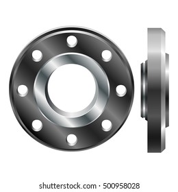 Round steel flange. Realistic pipeline details isolated on white background. Realistic flange in two projections.