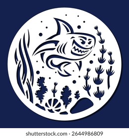 Round stencil with a shark. Large predatory fish swims in the water among the algae. Template for plotter laser cutting of paper, fretwork, wood carving, metal engraving, cnc. Vector painting, image.
