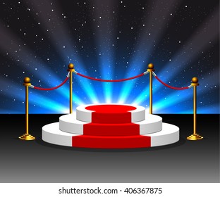 Round stepped white podium with red carpet and light rays