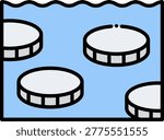 Round stepping stones creating a pathway across a calm blue river.