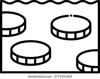 Round stepping stones creating a pathway across a calm blue river.