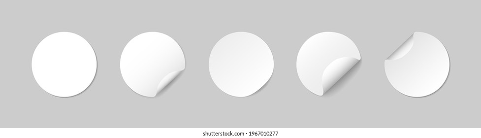 Round sticker with adhesive and curved corner. Mockup of paper circle label with bent edge. White mock up with shadow isolated on transparent background. Icon for sale, price, badge, discount. Vector.