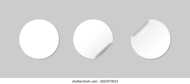 Round sticker with adhesive and curved corner. Mockup of paper circle label with bent edge. White mock up with shadow isolated on transparent background. Icon for sale, price, badge, discount. Vector.