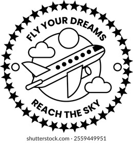 A round sticker with an airplane on it