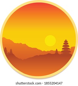 Round sticker Balinese landscape at sunset. Silhouette of mountains and temples at sunset