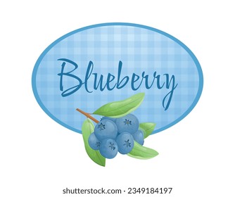 Round sticker or banner for packaging, twig with blueberries and leaves. Vector isolated cartoon label.