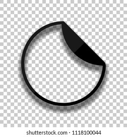 Round sticker with bent edge. Black glass icon with soft shadow on transparent background