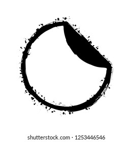 Round sticker with bent edge. Black ink with splashes on white background