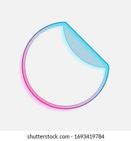 Etiqueta redonda con borde doblado. Logo coloreado con líneas diagonales y degradado azul-rojo. Gráfico neón, efecto ligero