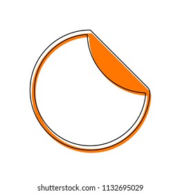 Round sticker with bent edge. Isolated icon consisting of black thin contour and orange moved filling on different layers. White background