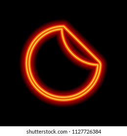 Round sticker with bent edge. Orange neon style on black background. Light icon