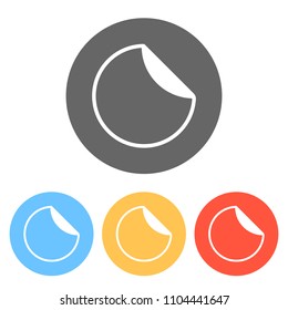 Round sticker with bent edge. Set of white icons on colored circles