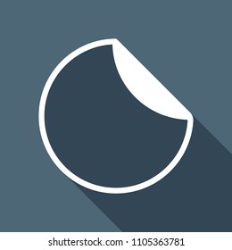Round sticker with bent edge. White flat icon with long shadow on background