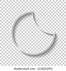 Round sticker with bent edge. White outline sign with shadow on transparent background