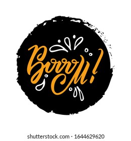 Round sticker with calligraphic handmade text Boom. White background black circle torn edges orange word.