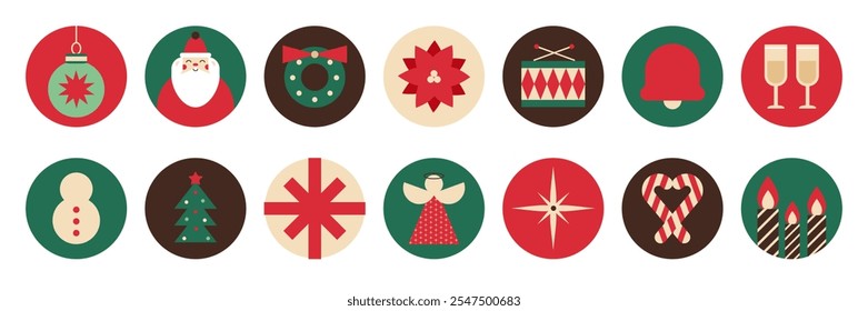 Round Sticker Christmas Shape geometric minimal style. Various highlights labels holiday decoration. Santa, toys, Christmas Tree, Snowman and festive elements. Vector illustration