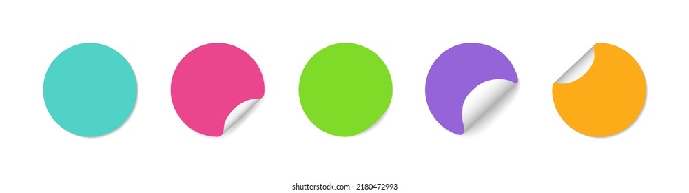 Round sticker. Color labels with shadow. Mockup of circles with curl corners. Price tag with adhesive. Blank paper peel for note, sale and badge. 3d sticky banners on white background. Vector.