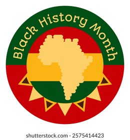 Round sticker decal with the African continent silhouette and the inscription Black History Month. Festive circle element, attribute of African-American History. Cartoon vector icon in colors celebrat