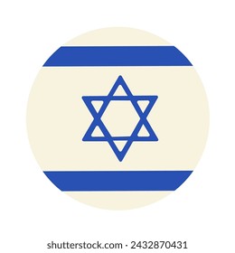 Etiqueta adhesiva redonda en colores de la bandera de Israel. Elemento de leche sólida festivo, atributo de la fiesta judía. Icono plano del vector de la historieta en los colores nacionales de la bandera de Israel aislada en el fondo blanco