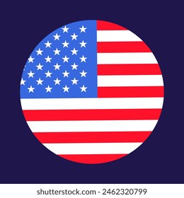 Round sticker decal in colors of USA flag. Festive element, attributes of July 4th US Independence Day. Flat vector icon in national colors of US flag on dark blue background