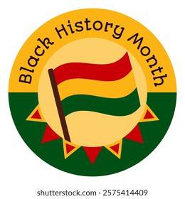 Round sticker decal with a flag and the inscription Black History Month. Festive circle element, attribute of African-American History. Cartoon vector icon in colors celebrating the African diaspora, 