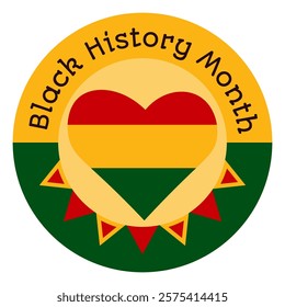 Round sticker decal with a heart symbol and the inscription Black History Month. Festive circle element, attribute of African-American History. Cartoon vector icon in colors celebrating the African di