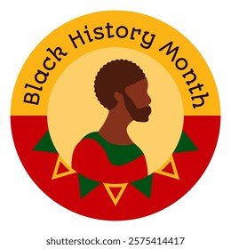 Round sticker decal with a man profile and the inscription Black History Month. Festive circle element, attribute of African-American History. Cartoon vector icon in colors celebrating the African dia