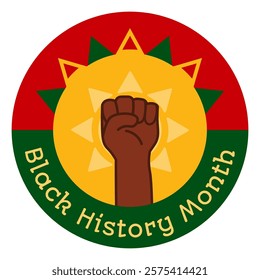 Round sticker decal with a raised fist and the inscription Black History Month. Festive circle element, attribute of African-American History. Cartoon vector icon in colors celebrating the African dia