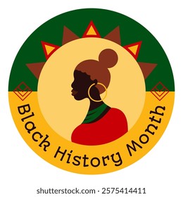 Round sticker decal with a woman profile and the inscription Black History Month. Festive circle element, attribute of African-American History. Cartoon vector icon in colors celebrating the African d