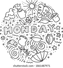 Round sticker in doodle style with names of days of week for notebooks, posters, notebooks and books. Monday