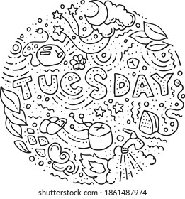 Round sticker in doodle style with names of days of week for notebooks, posters, notebooks and books. Tuesday